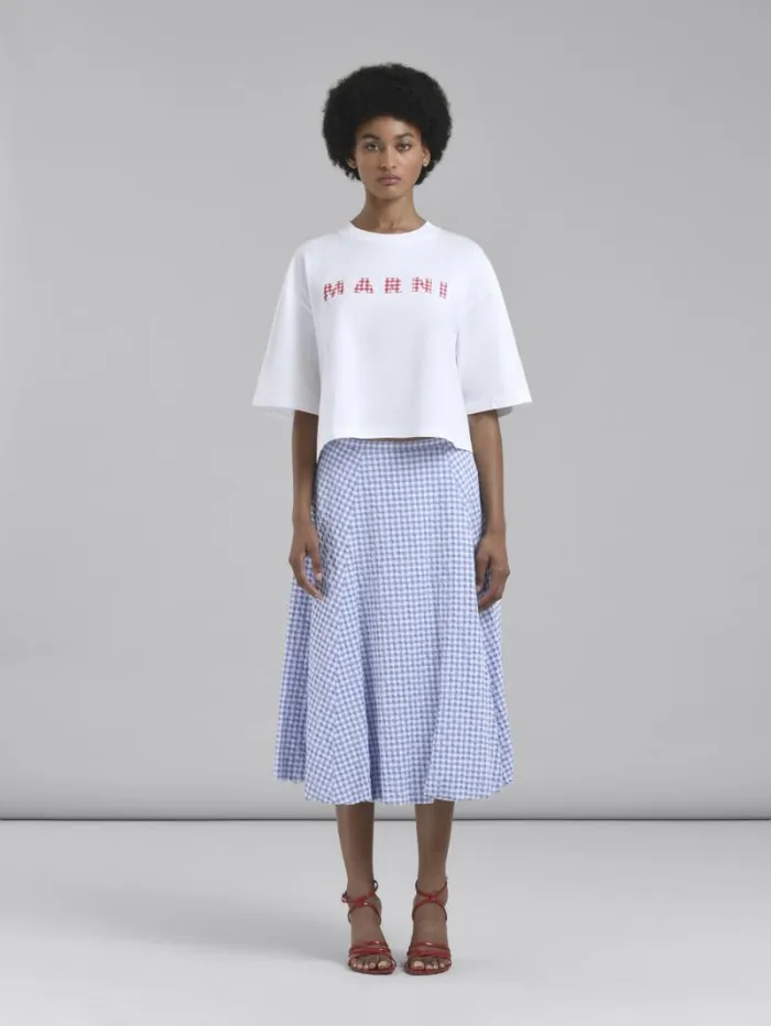 Women Marni Skirts White And Light Blue Checked Seersucker Skirt
