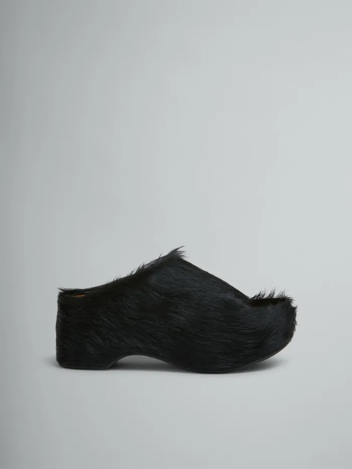 Women Marni Slides and Sandals Black LongHair Calfskin Chunky Clog Slide
