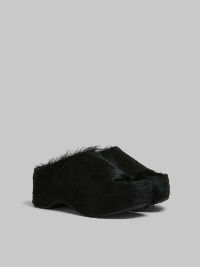 Women Marni Slides and Sandals Black LongHair Calfskin Chunky Clog Slide