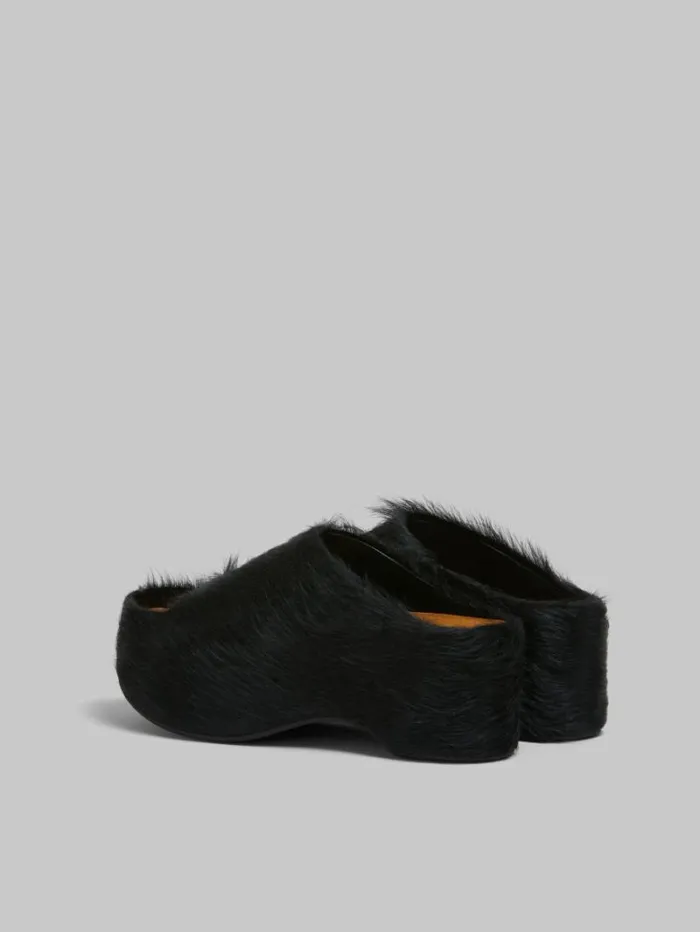 Women Marni Slides and Sandals Black LongHair Calfskin Chunky Clog Slide
