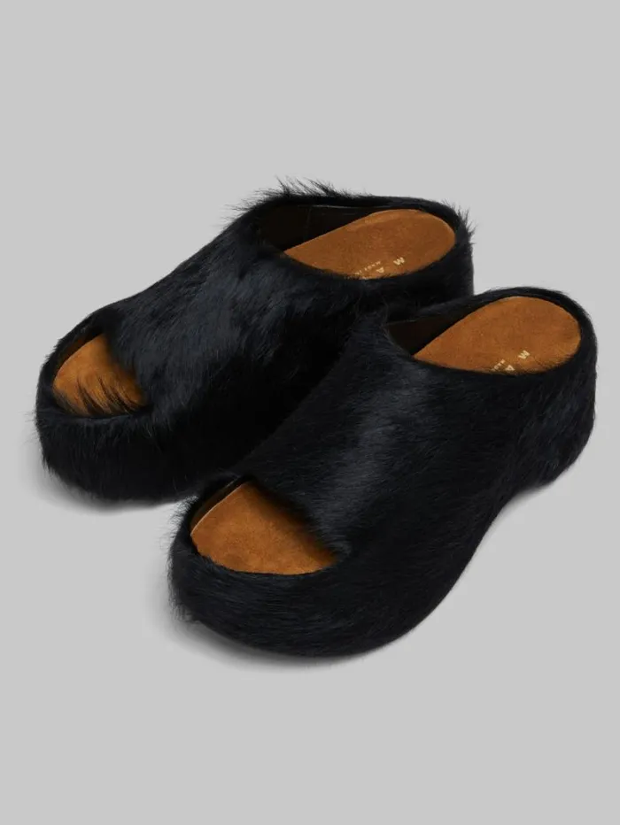 Women Marni Slides and Sandals Black LongHair Calfskin Chunky Clog Slide