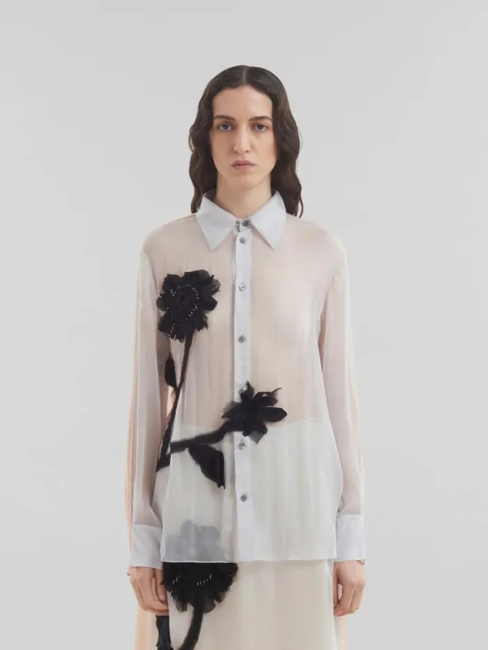 Women Marni Tops and Tshirts Peach And Light Blue Crepon Shirt With Flower Appliqus