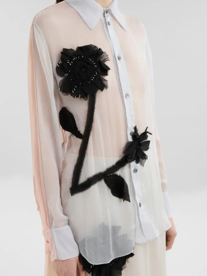 Women Marni Tops and Tshirts Peach And Light Blue Crepon Shirt With Flower Appliqus