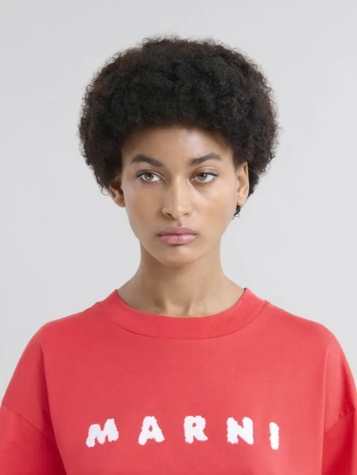 Women Marni Tops and Tshirts Red Boxy TShirt With Marni Scribbled Logo