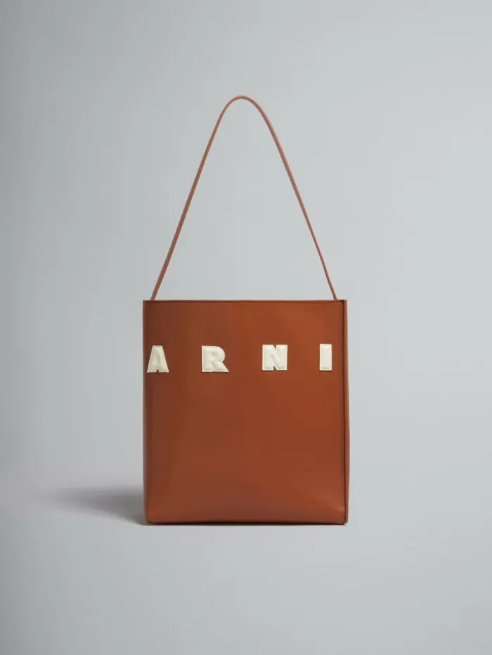 Women Marni Tote Bags Small Brown Leather Museo Hobo Bag With Patches