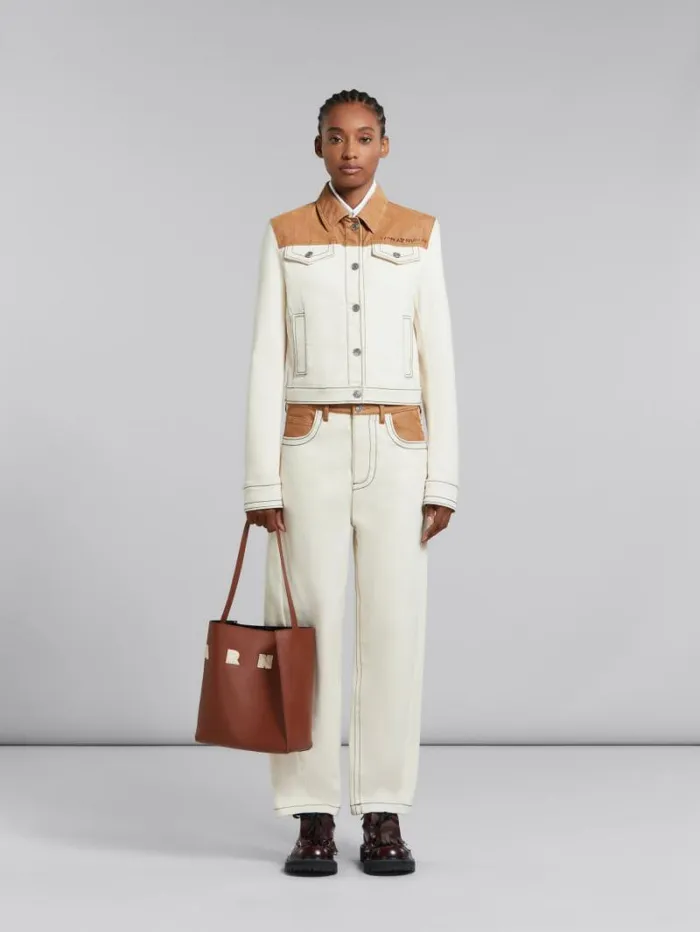 Women Marni Tote Bags Small Brown Leather Museo Hobo Bag With Patches