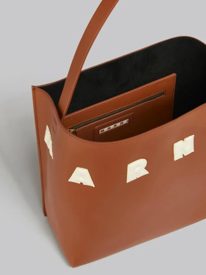 Women Marni Tote Bags Small Brown Leather Museo Hobo Bag With Patches