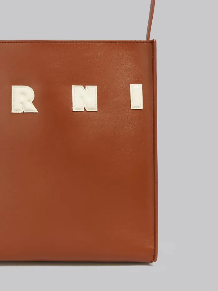Women Marni Tote Bags Small Brown Leather Museo Hobo Bag With Patches
