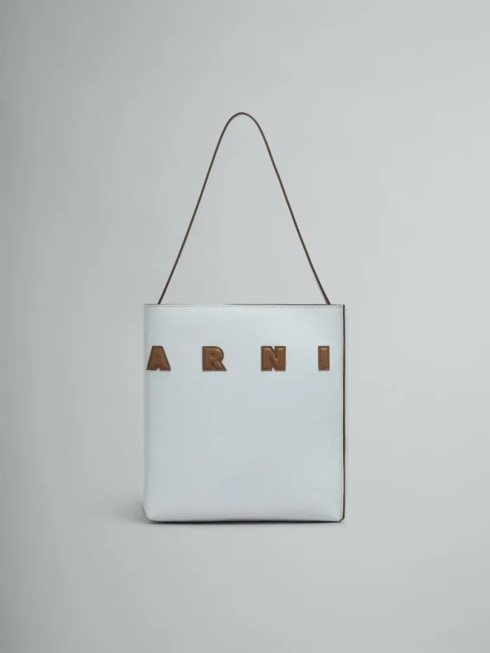 Women Marni Tote Bags Small Light Grey Leather Museo Hobo Bag With Marni Logo