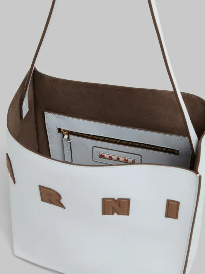 Women Marni Tote Bags Small Light Grey Leather Museo Hobo Bag With Marni Logo