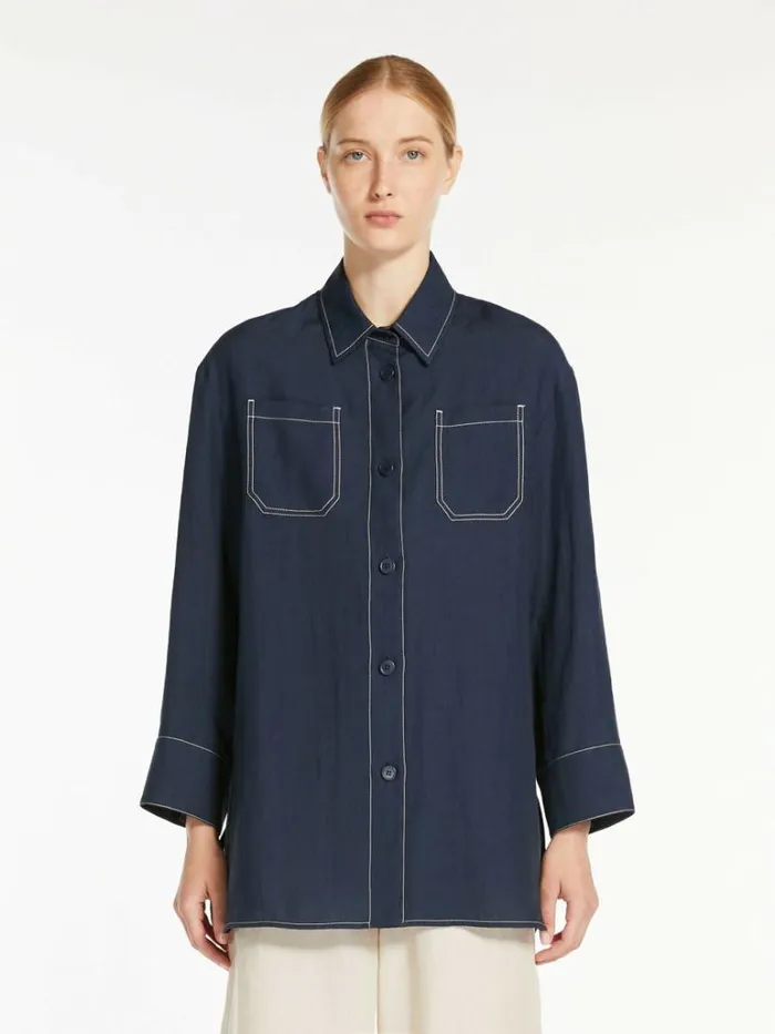 Women Max Mara Blouses Linen Canvas Shirt Ultramarine