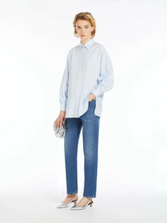 Women Max Mara Blouses Striped Cotton Shirt Sky Blue