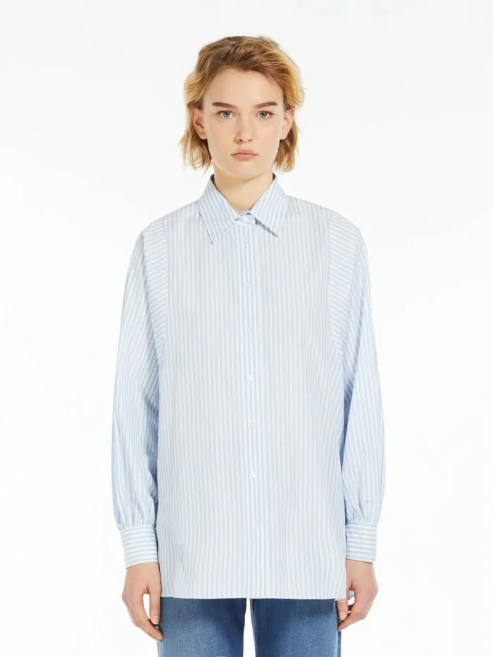 Women Max Mara Blouses Striped Cotton Shirt Sky Blue