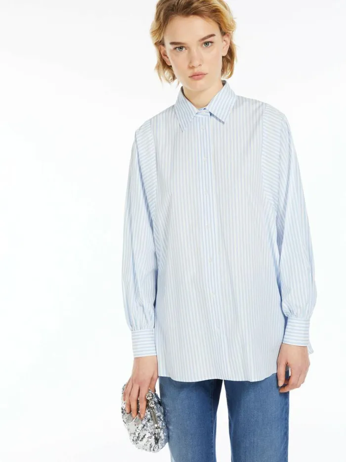 Women Max Mara Blouses Striped Cotton Shirt Sky Blue
