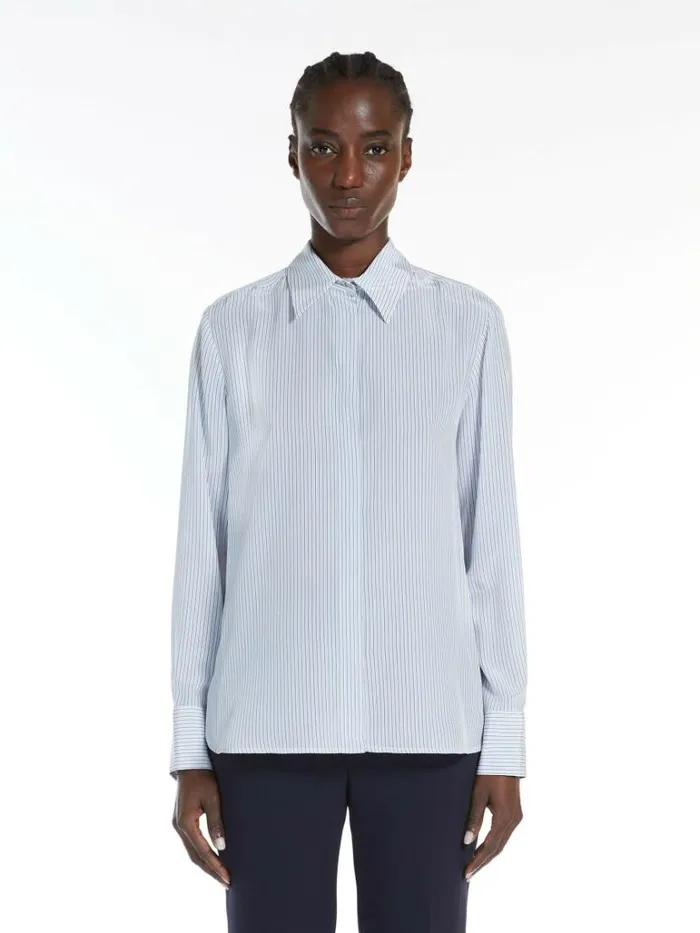 Women Max Mara Blouses Striped Crepe De Chine Shirt Navy