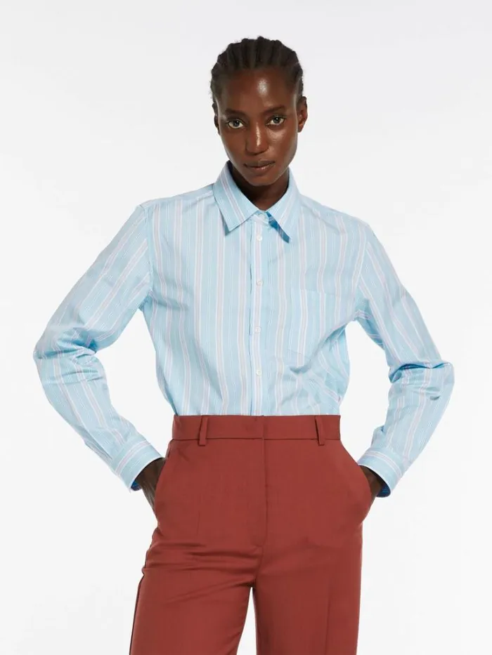 Women Max Mara Blouses Striped Poplin Shirt Sky Blue