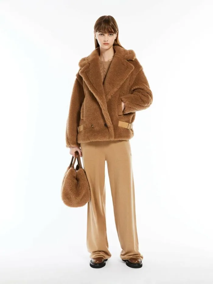 Women Max Mara Coats Teddy Fabric Biker Jacket Camel
