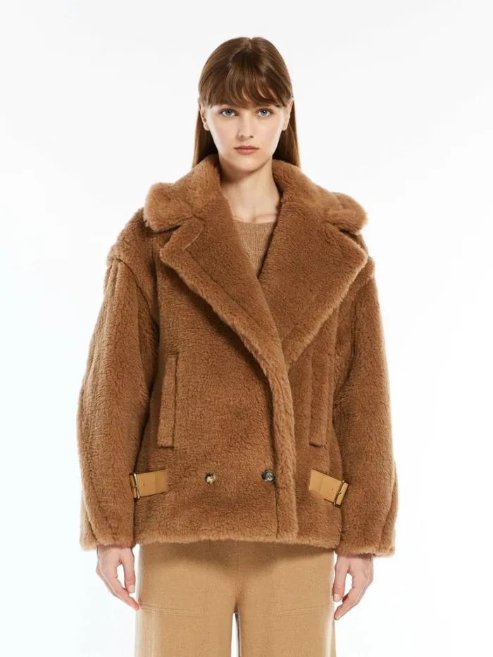 Women Max Mara Coats Teddy Fabric Biker Jacket Camel