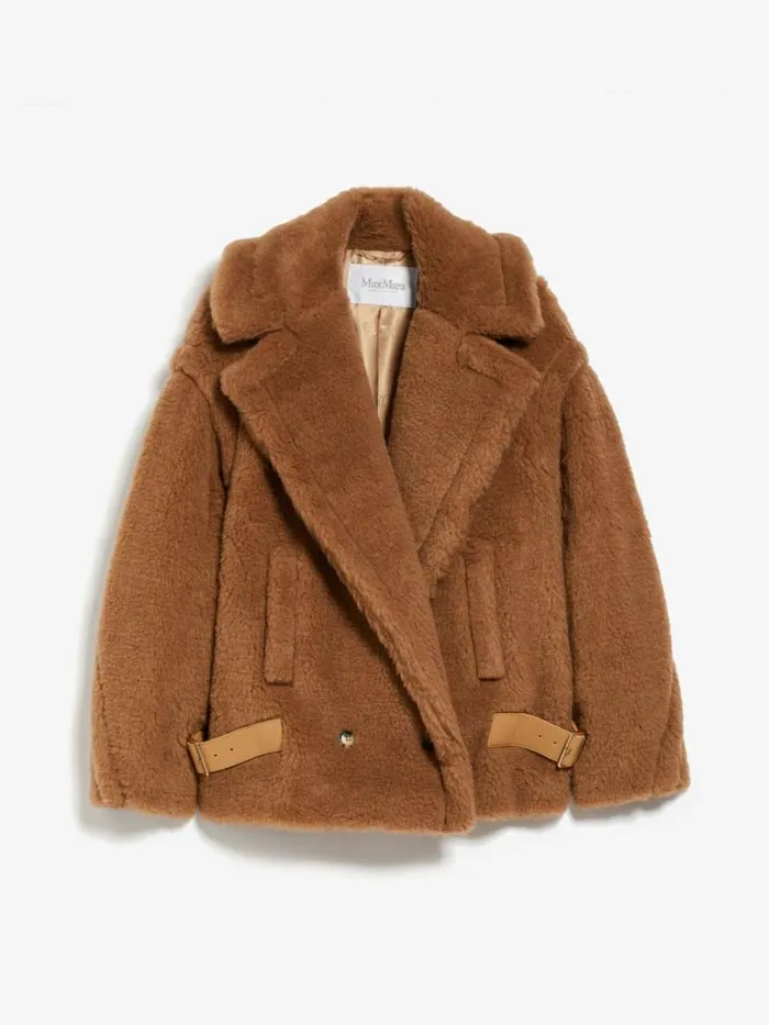 Women Max Mara Coats Teddy Fabric Biker Jacket Camel