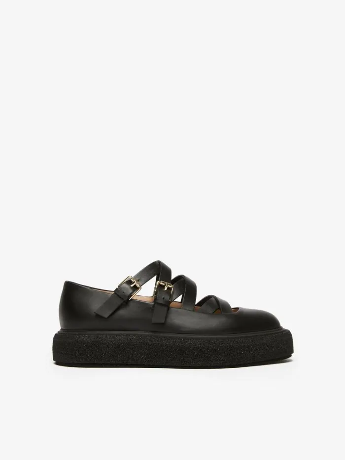 Women Max Mara Flat Shoes Leather Ballet Flats With Straps Black