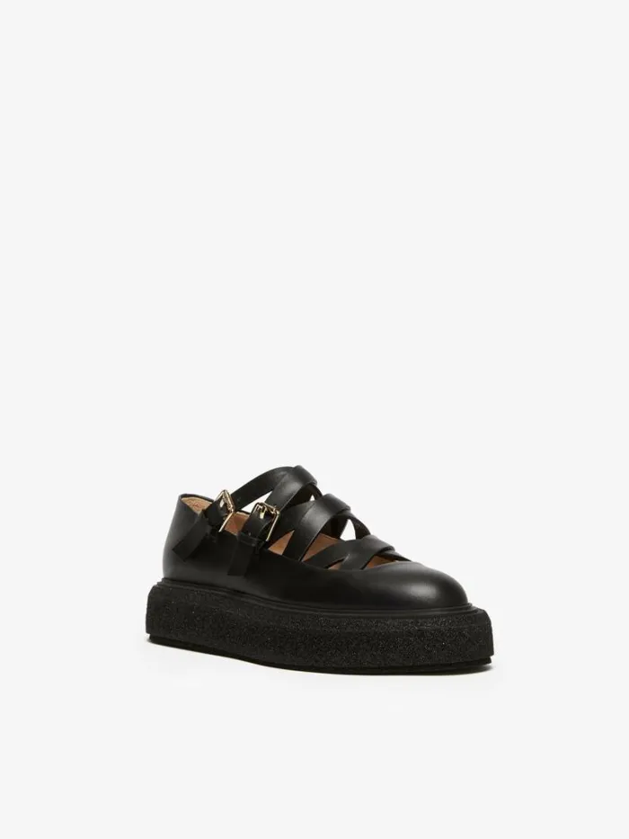 Women Max Mara Flat Shoes Leather Ballet Flats With Straps Black