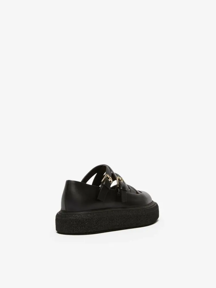 Women Max Mara Flat Shoes Leather Ballet Flats With Straps Black