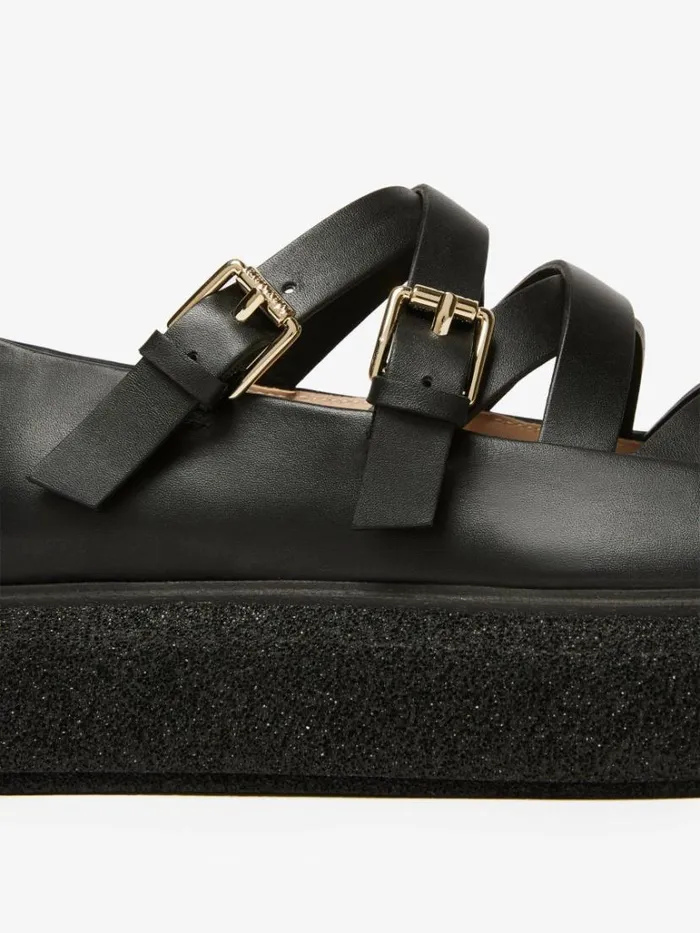 Women Max Mara Flat Shoes Leather Ballet Flats With Straps Black