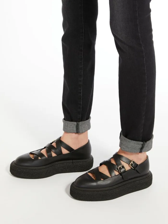 Women Max Mara Flat Shoes Leather Ballet Flats With Straps Black