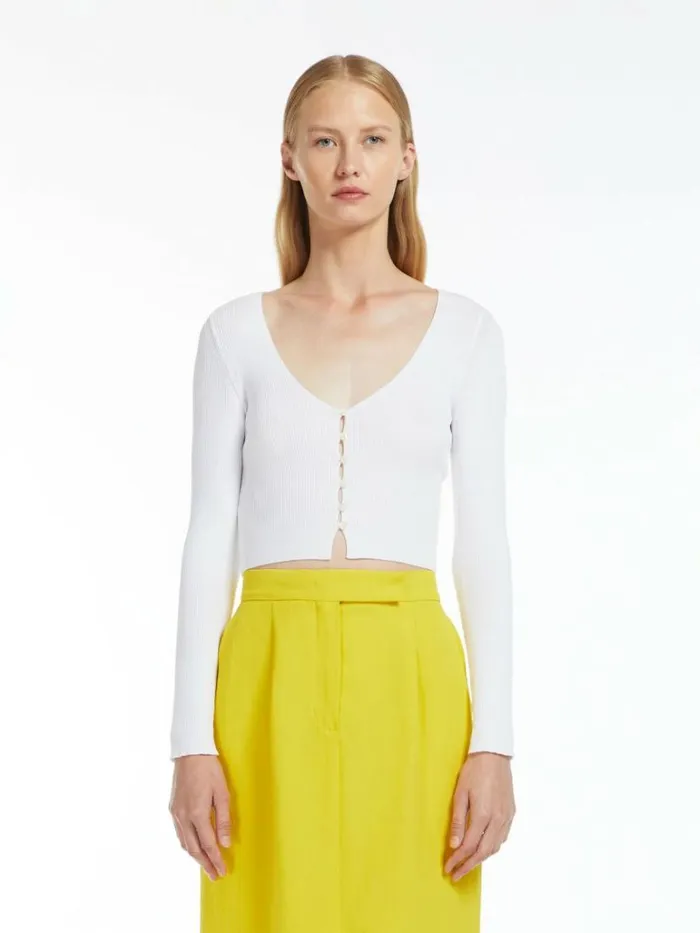 Women Max Mara Knitwear Ribbed Viscose Cardigan Optical White