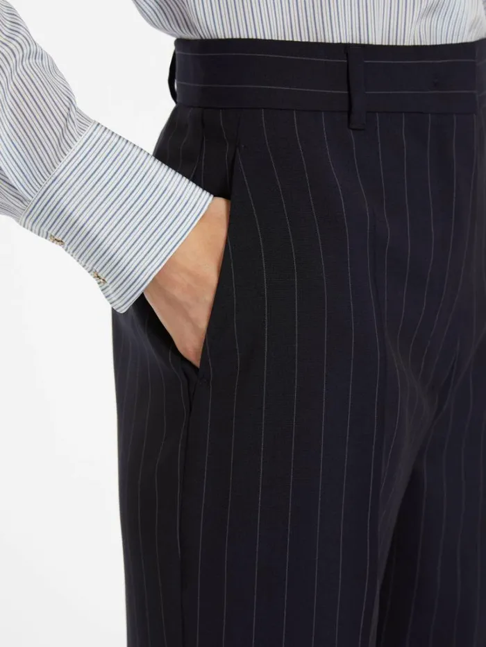 Women Max Mara Suit Pinstripe Wool Trousers Navy