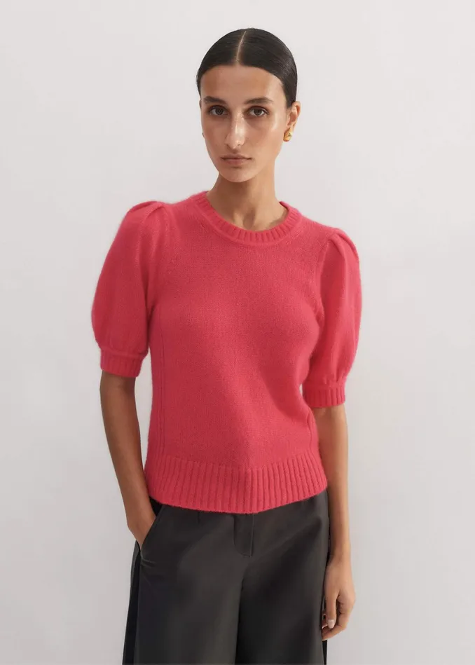 Women Merino Cashmere Silk Pouf Sleeve Sweater Bright Berry MEEM