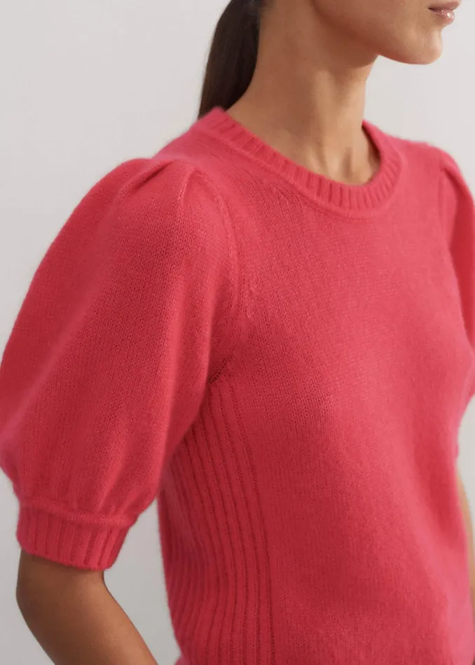 Women Merino Cashmere Silk Pouf Sleeve Sweater Bright Berry MEEM