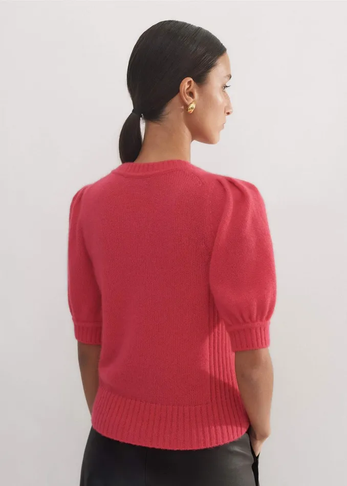 Women Merino Cashmere Silk Pouf Sleeve Sweater Bright Berry MEEM