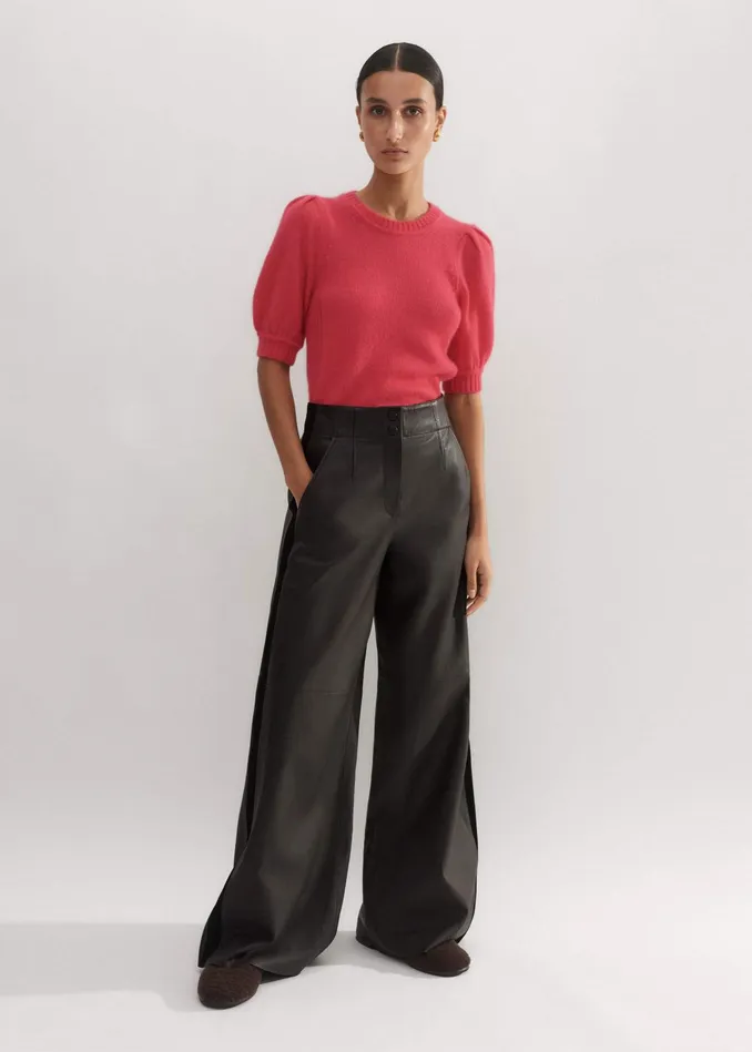 Women Merino Cashmere Silk Pouf Sleeve Sweater Bright Berry MEEM