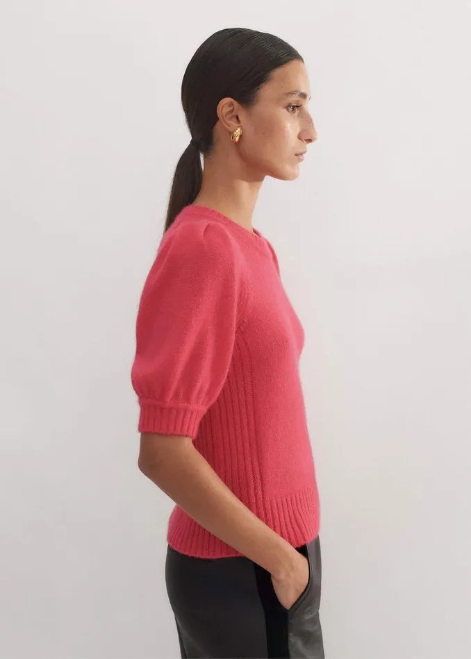 Women Merino Cashmere Silk Pouf Sleeve Sweater Bright Berry MEEM