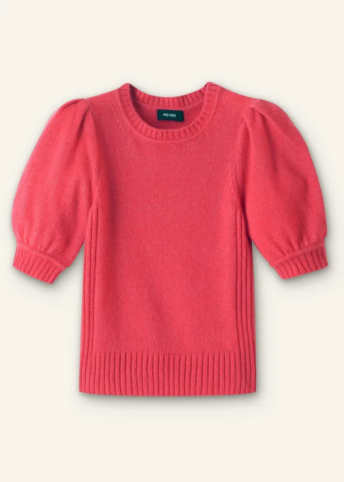 Women Merino Cashmere Silk Pouf Sleeve Sweater Bright Berry MEEM