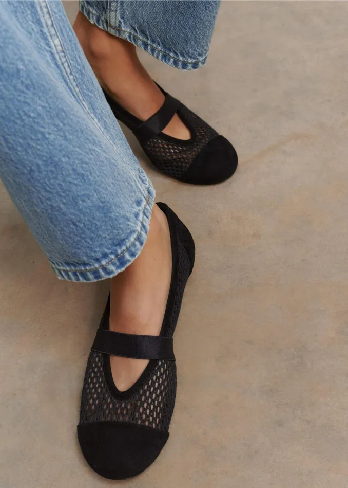 Women Mesh Ballerina Flat Black MEEM