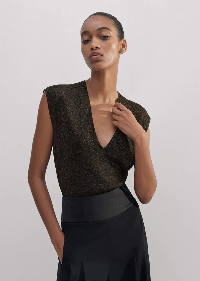 Women Metallic Knit VNeck Top Bronzedouble Espresso MEEM