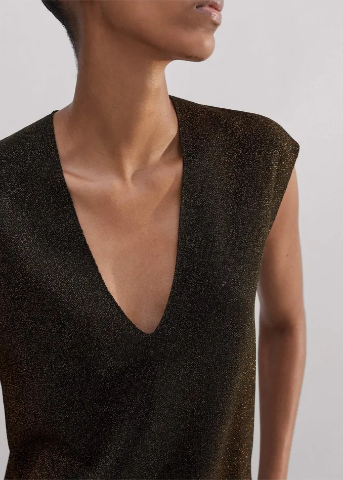 Women Metallic Knit VNeck Top Bronzedouble Espresso MEEM