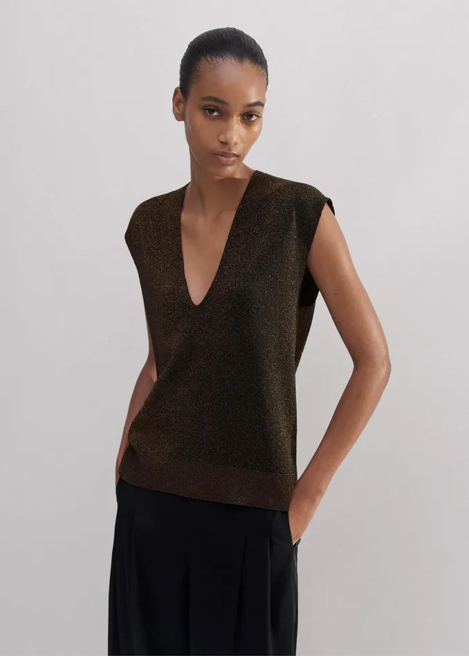 Women Metallic Knit VNeck Top Bronzedouble Espresso MEEM