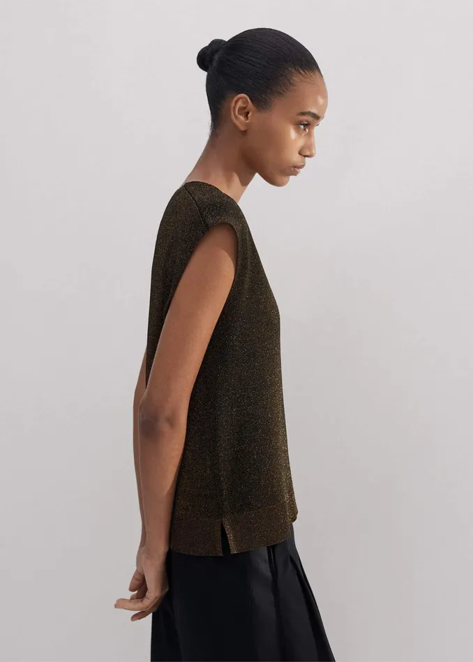 Women Metallic Knit VNeck Top Bronzedouble Espresso MEEM