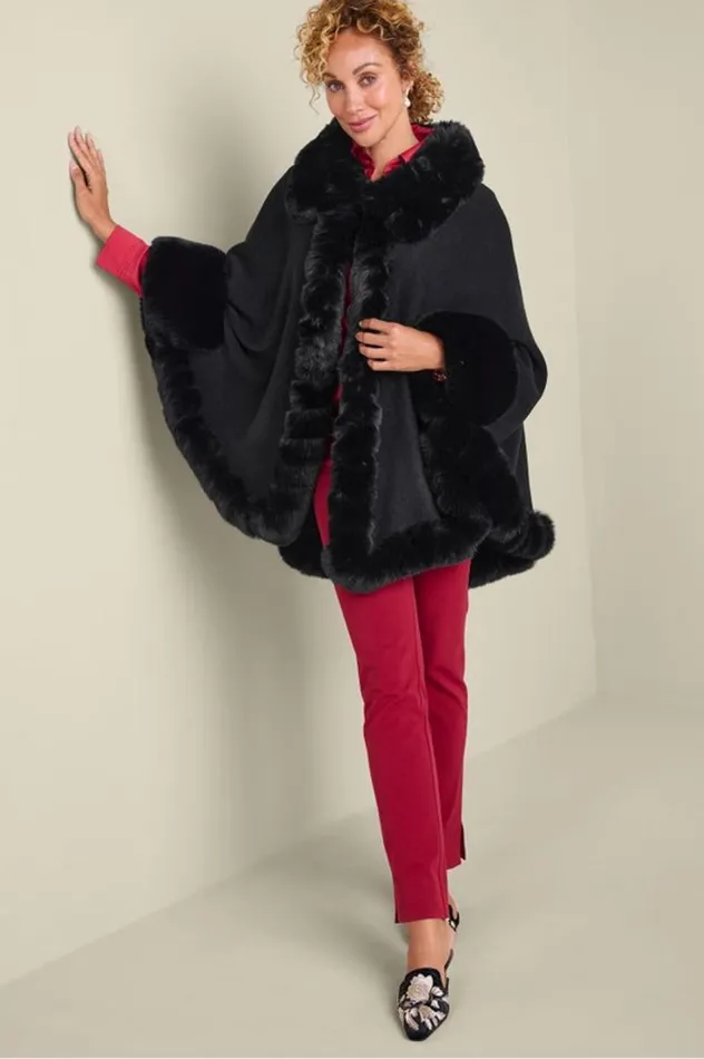 Women Mila Faux Fur Trim Cape Black Soft Surroundings Scarves and Wraps Women Mila Faux Fur Trim Cape Black Soft Surroundings Scarves and Wraps