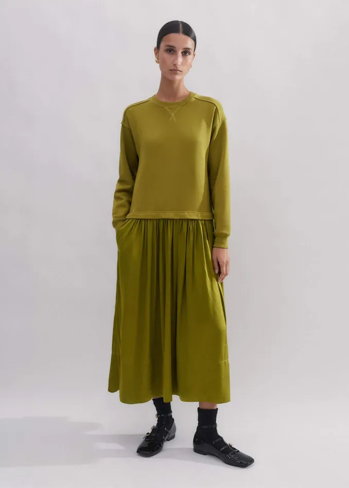 Women Mixed Media Sweatshirt Maxi Dress Bright Olive MEEM