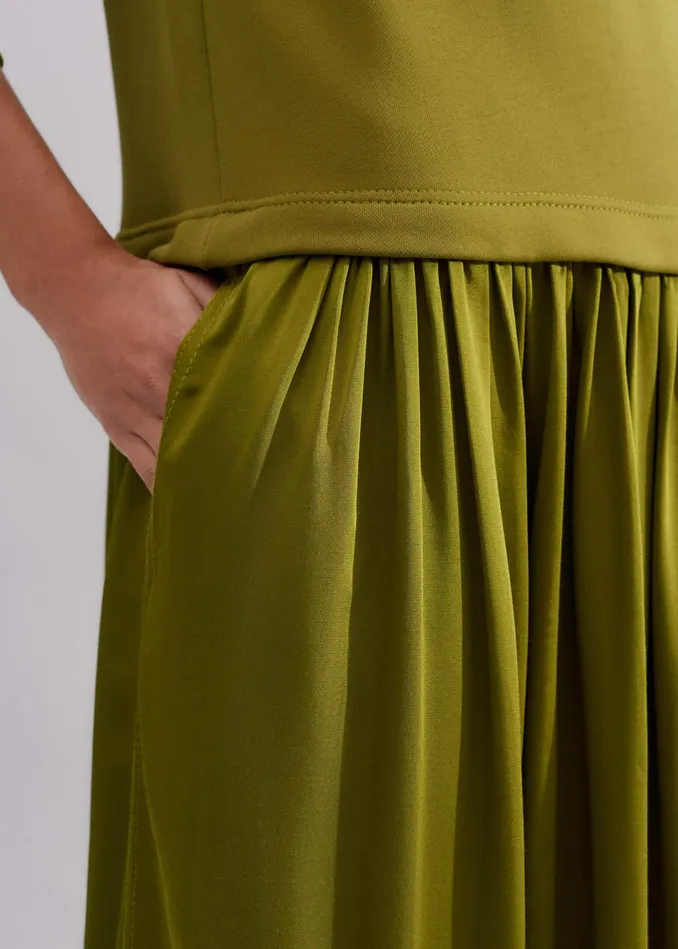 Women Mixed Media Sweatshirt Maxi Dress Bright Olive MEEM