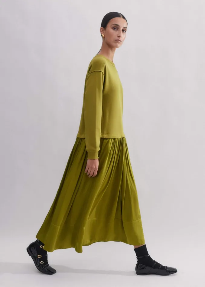 Women Mixed Media Sweatshirt Maxi Dress Bright Olive MEEM