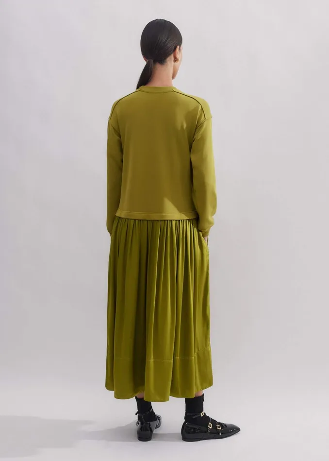 Women Mixed Media Sweatshirt Maxi Dress Bright Olive MEEM