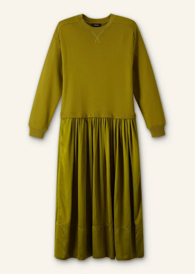 Women Mixed Media Sweatshirt Maxi Dress Bright Olive MEEM