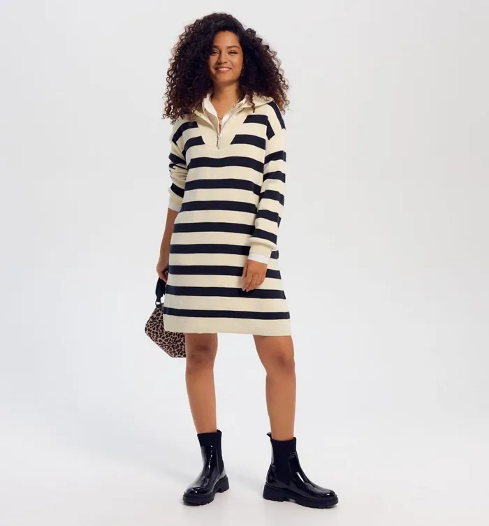 Women Nautical Knit Dress 8211 Black Stripes Promod Dresses