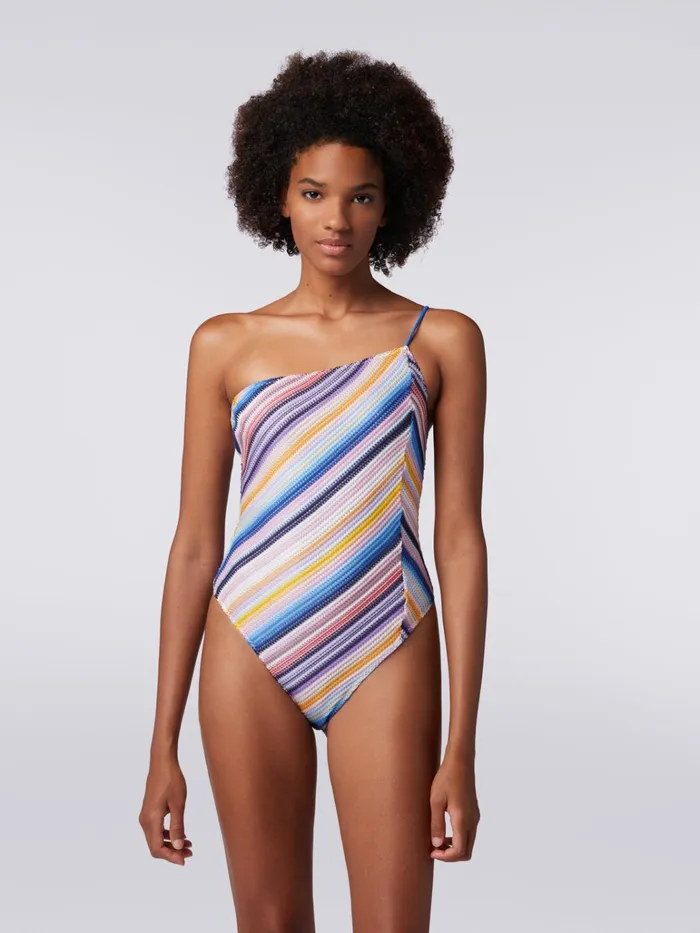 Women OneShoulder OnePiece Swimming Costume In Striped Crochet Multicoloured Missoni Swimsuits