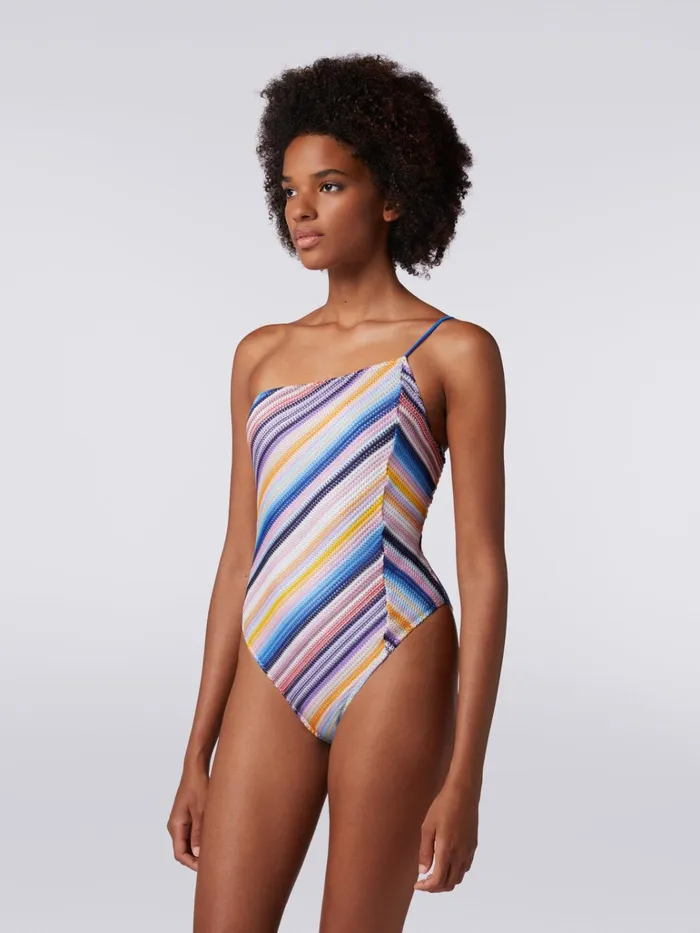 Women OneShoulder OnePiece Swimming Costume In Striped Crochet Multicoloured Missoni Swimsuits